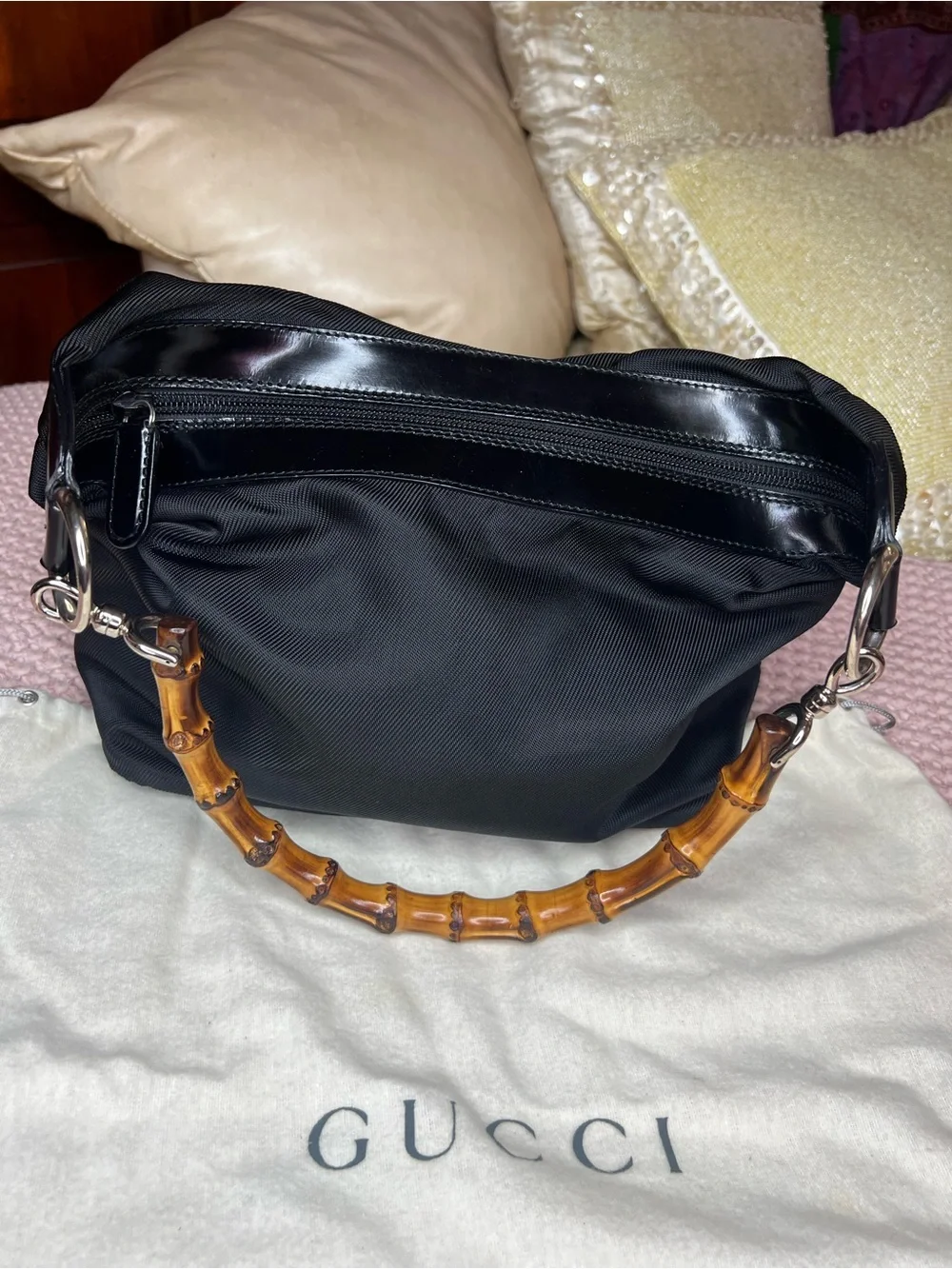 GUCCI  Nylon Hobo Style Bamboo Handle Shoulder Bag VINTAGE - Picture 3 of 15